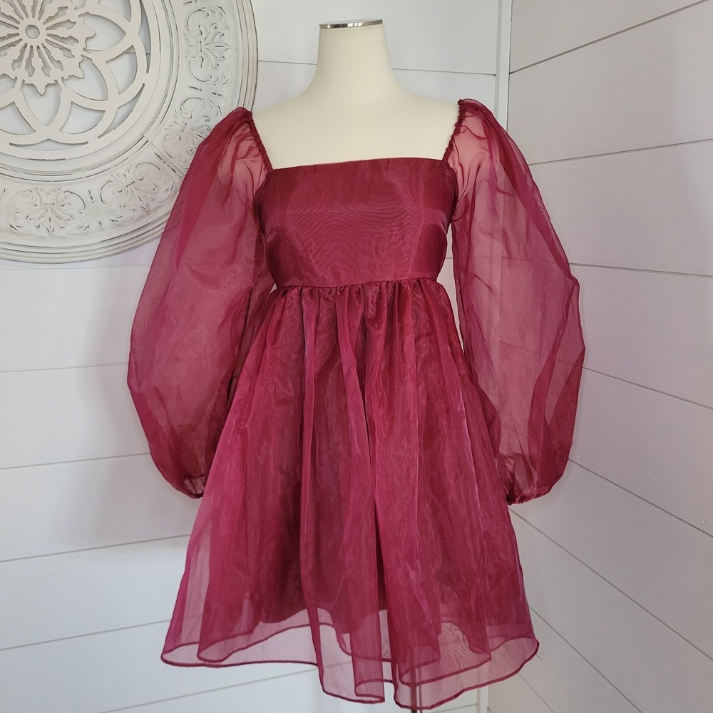 Altar'd State Liz's Babydoll Sheer Burgundy Puffy Dress Size Small